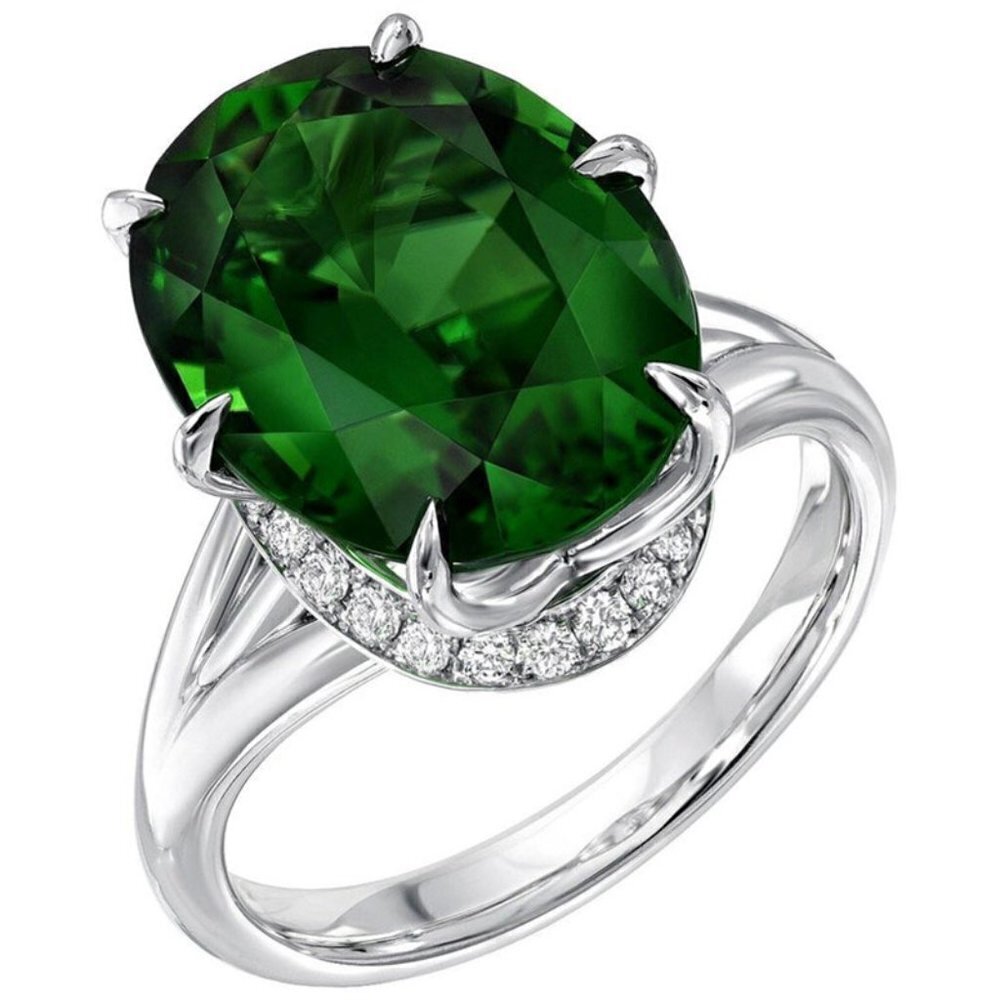 Dainty Large Oval Zircon Emerald Elegant Silver Rings for Women, INDN8212